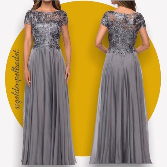 LA Femme Platinum Lace & Chiffon Prom Gown Size 8 NWT - Picture 1 of 11